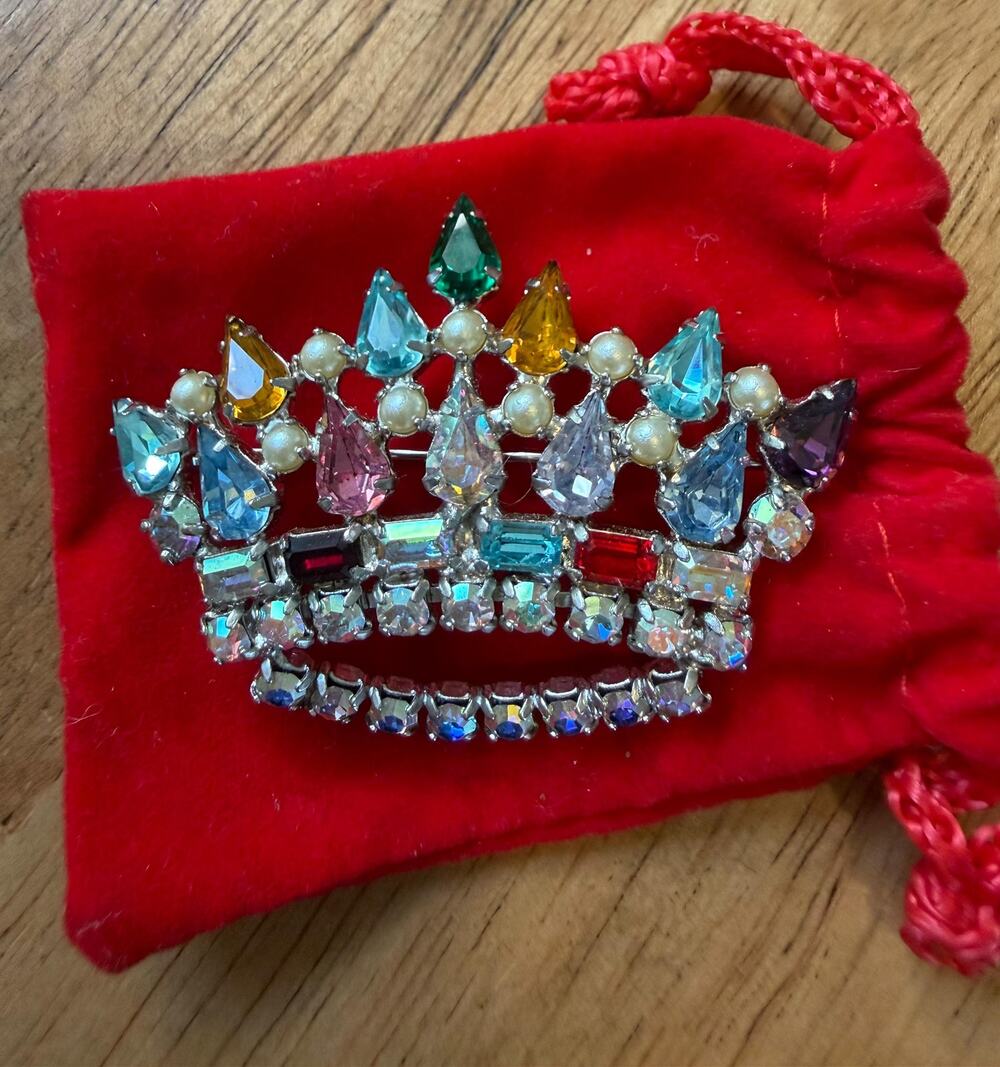 Vintage Signed B. David Rhinestone Crown Brooch 1955 - 1965 Costume Jewelry